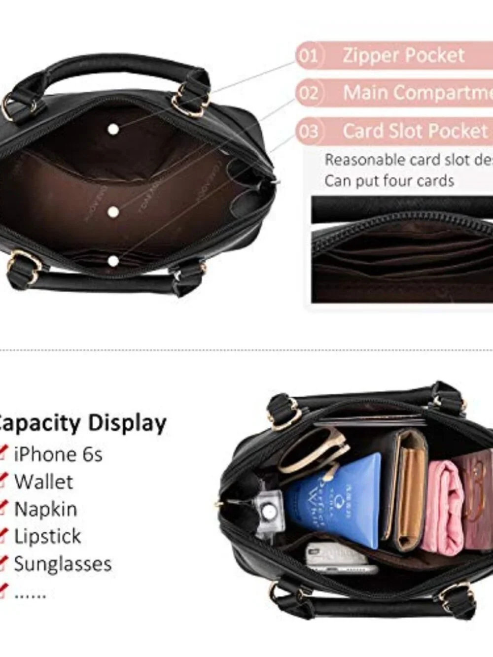Faux Leather Satchel Crossbody Bag with Double Zip Top Handle